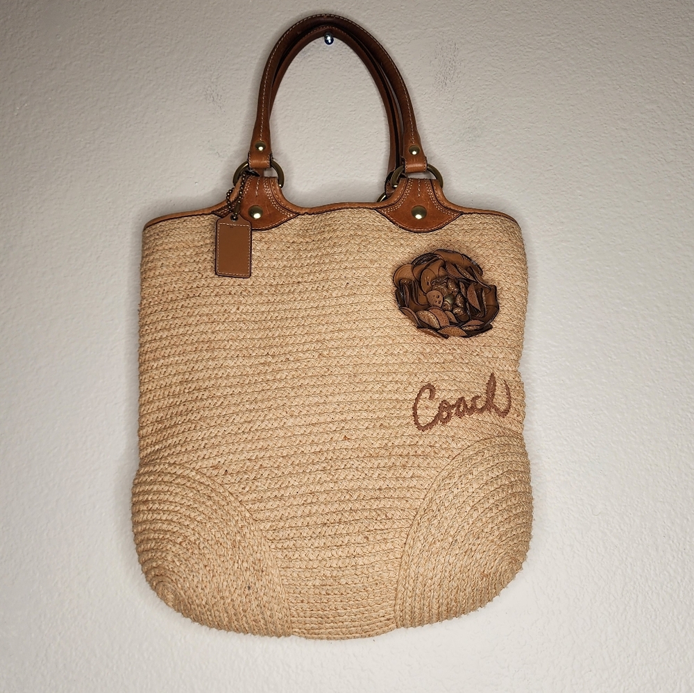 Coach Tan and Brown Woven Tote Bag